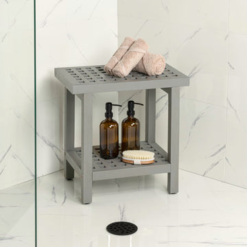 Armin 18.1" Modern Classic Grid Slat Solid Acacia Wood Indoor/Outdoor Shower Stool